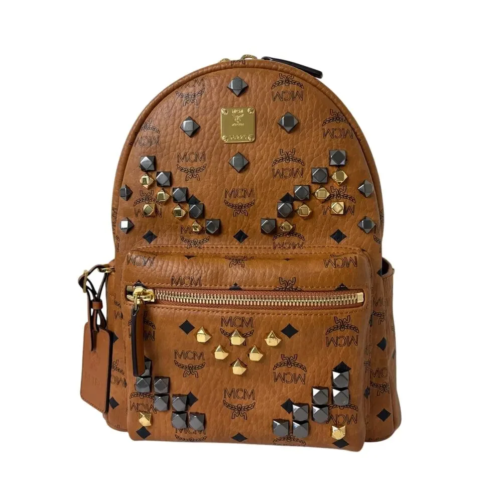 MCM Cognac Visetos Studded Mini Backpack with Gold & Gunmetal Accents